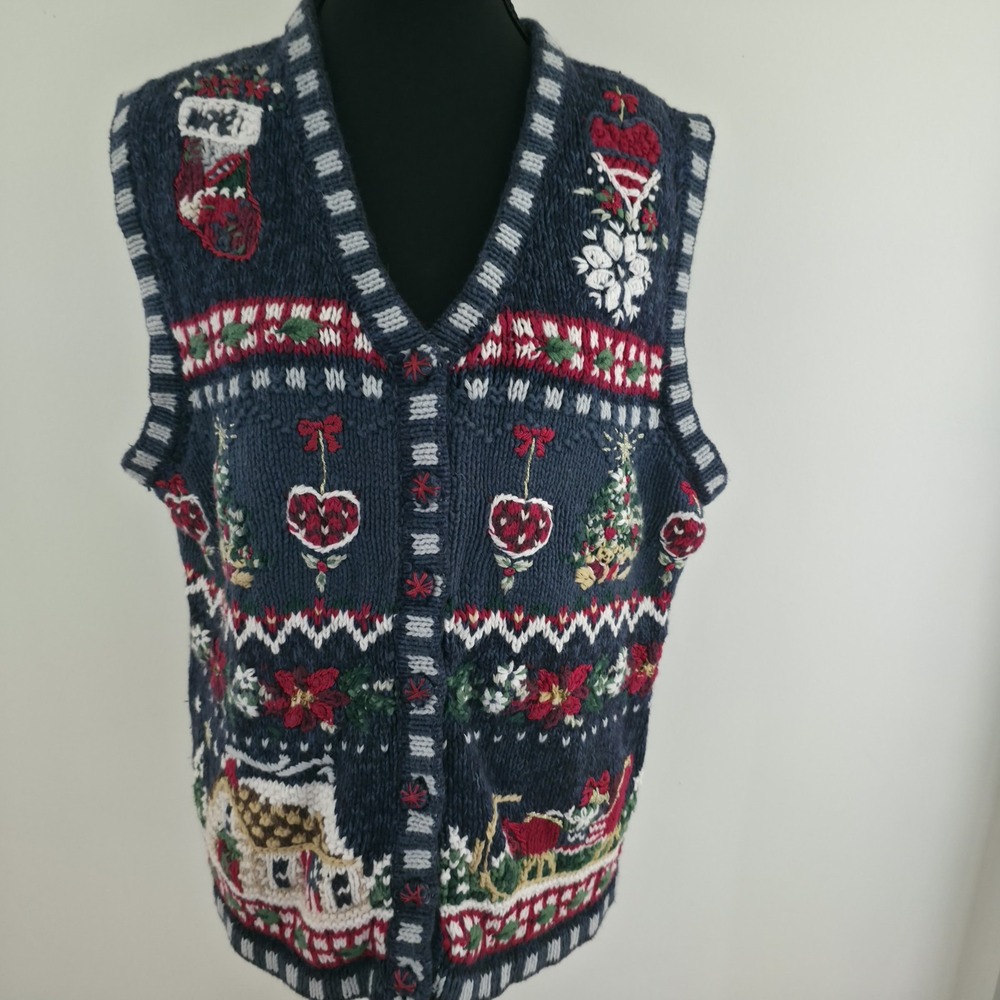 VTG Christmas Sweater Vest Heirloom Collectibles Blue Gingerbread Poinsettia M
